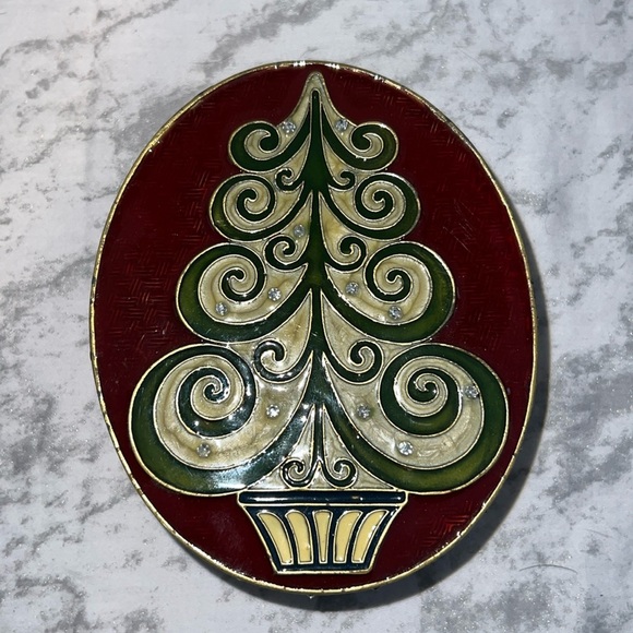 Enameled Metal Oval Jewelry Box Christmas Tree With Snow Flakes - Picture 1 of 7